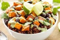 Roasted Sweet Potato & Black Bean Quinoa Bowls with Lime Vinaigrette