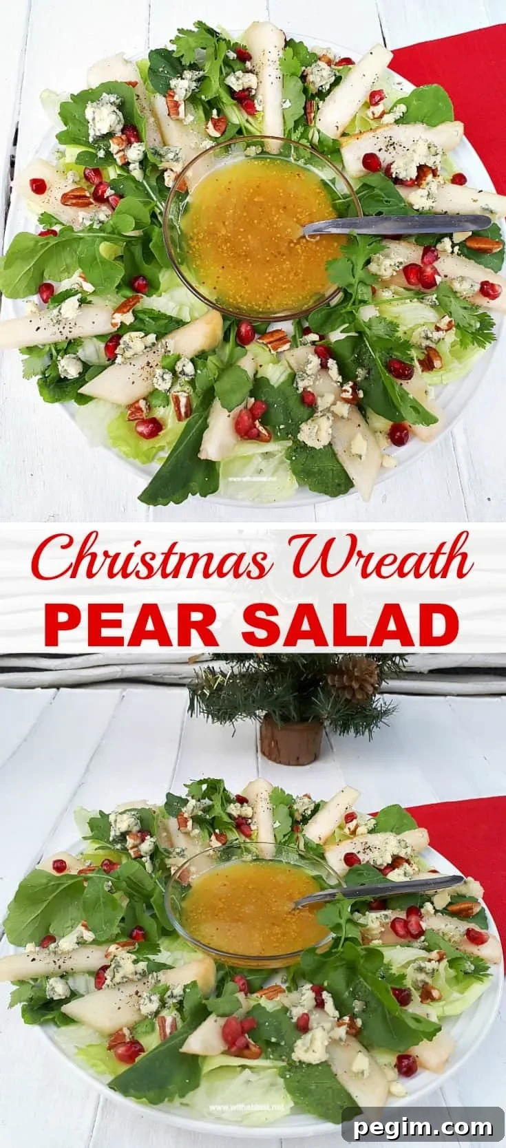 Christmas Wreath Pear Salad is a refreshing salad addition to your Christmas menu, with pears, nuts, pomegranates and more - Prepping to serving within minutes