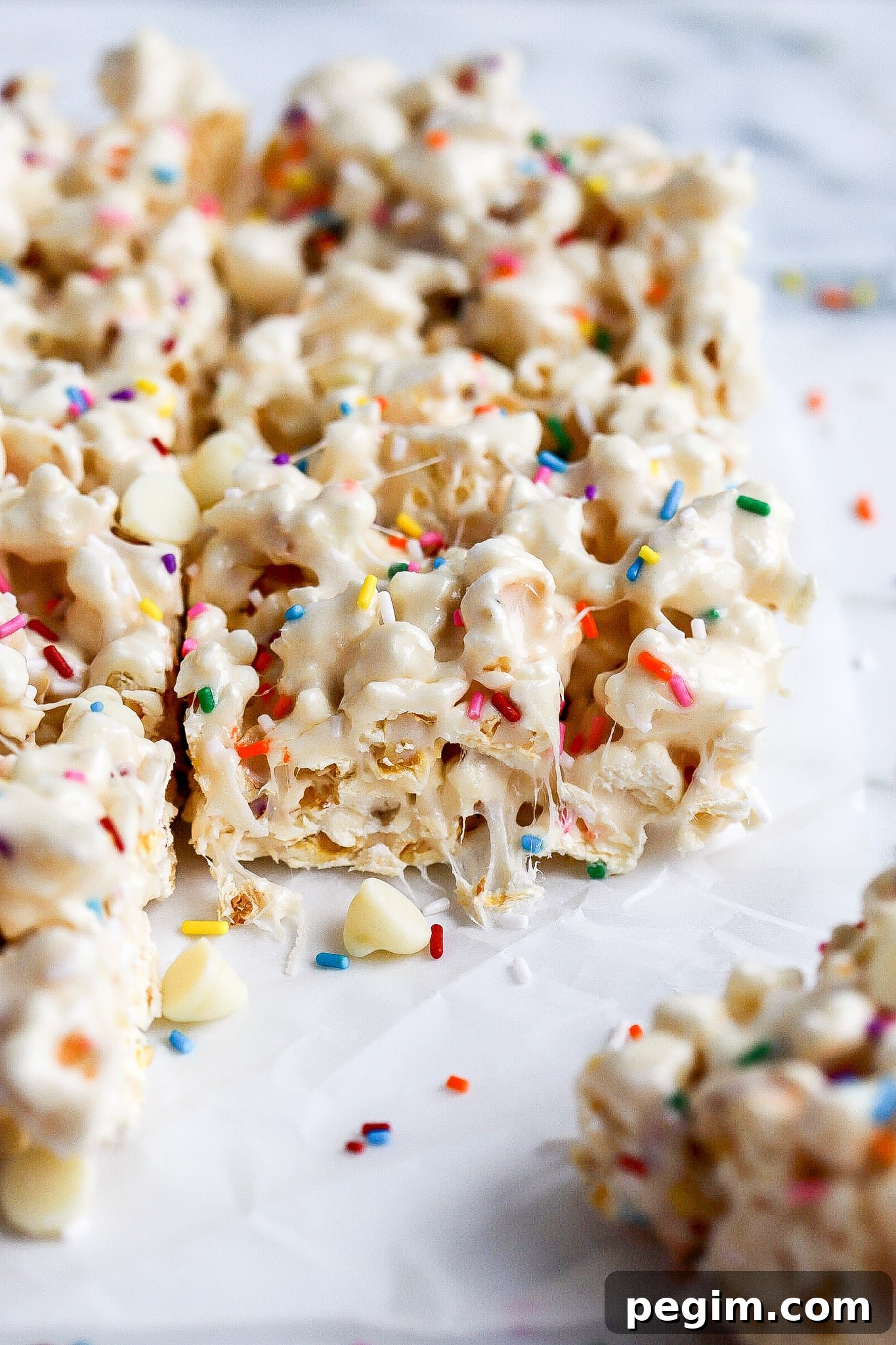 side view of marshmallow Rice Krispie treats on parchment paper