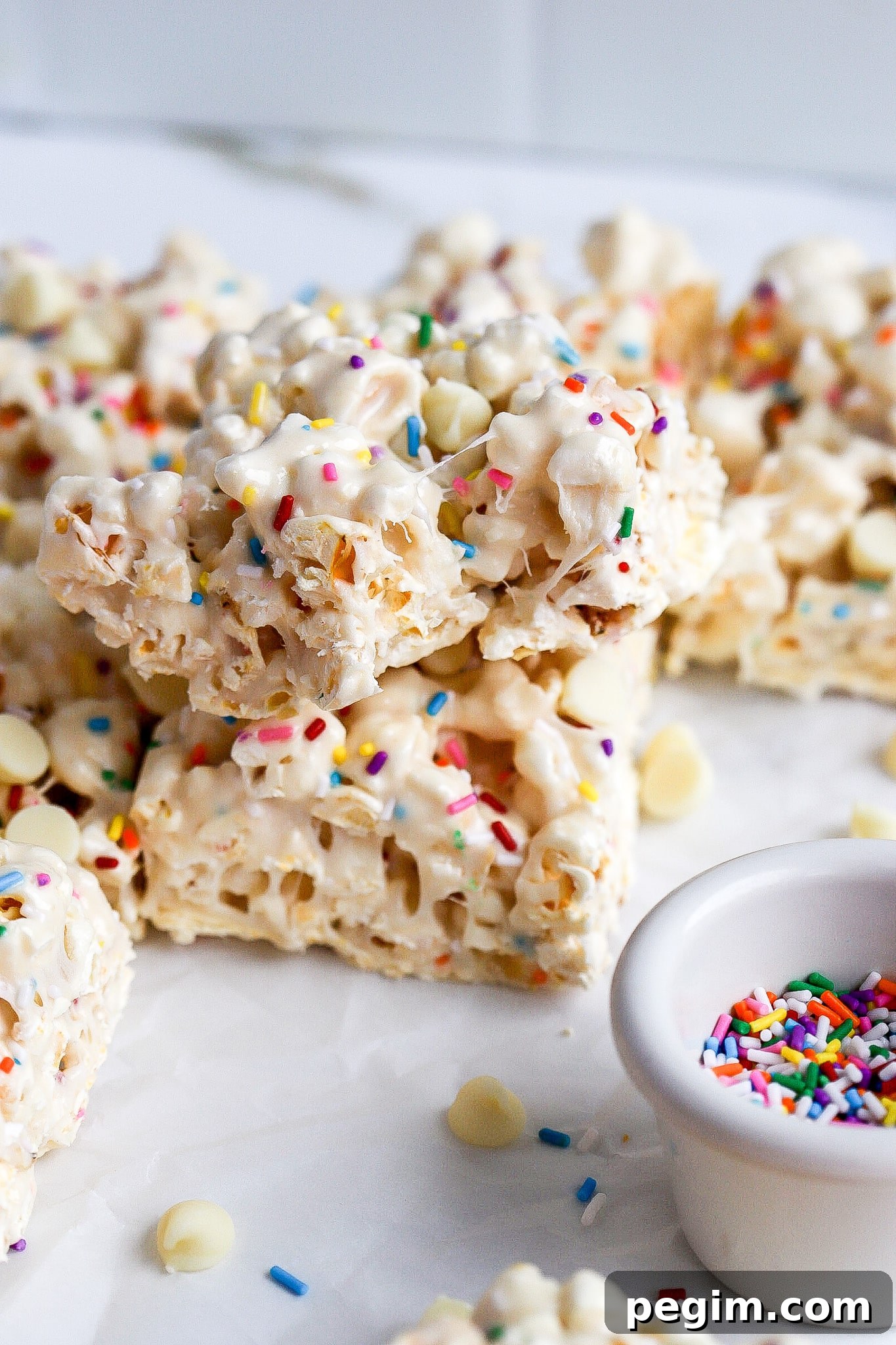 side angle of easy funfetti marshmallow popcorn bars