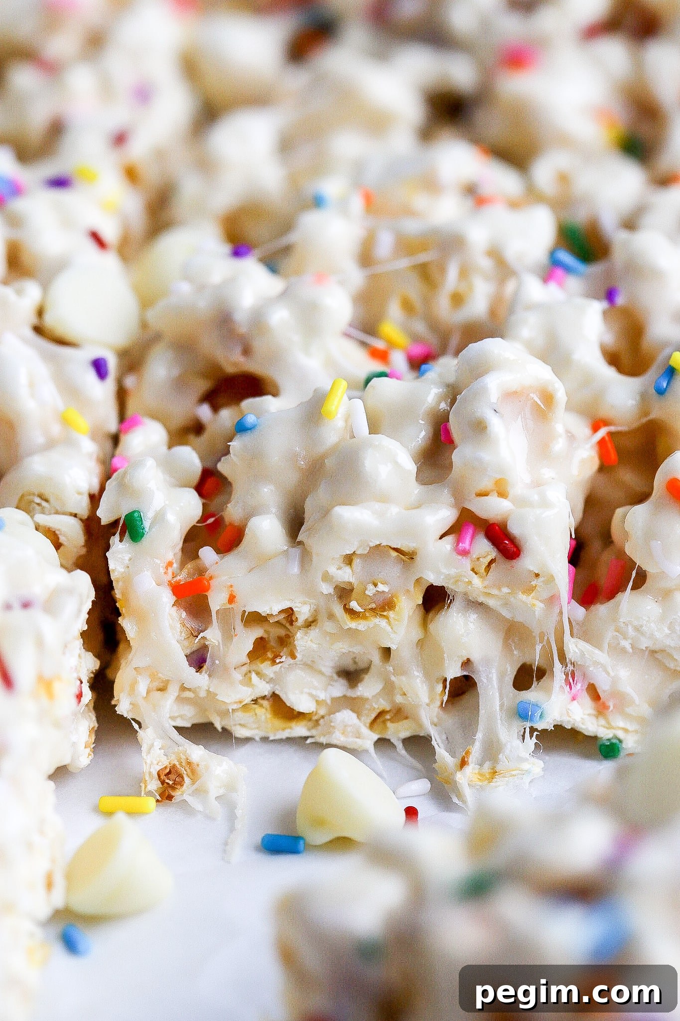close up side view of funfetti marshmallow rice krispies