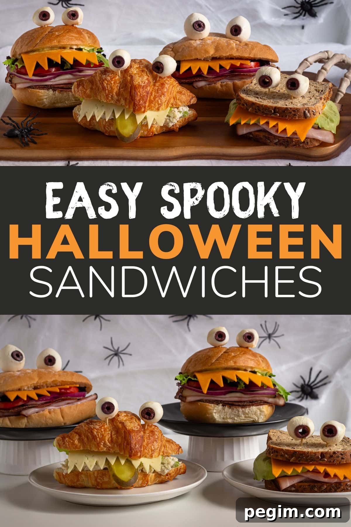 Collage graphic of Halloween sandwich ideas with text overlay that reads 'Easy Spooky Halloween Sandwiches'.