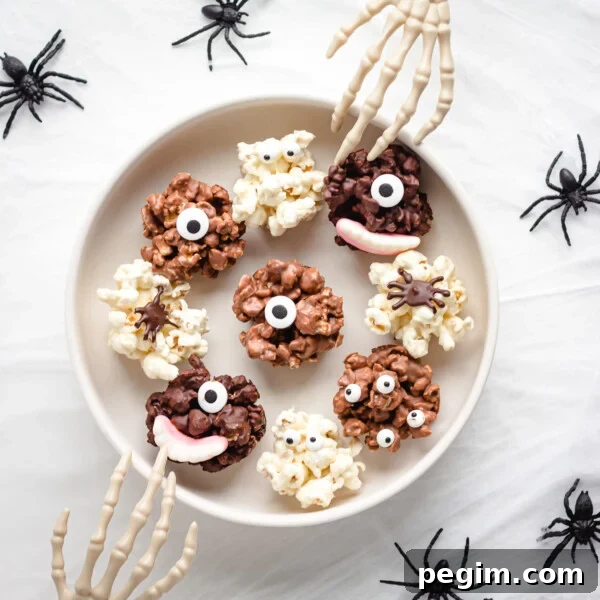 Serving bowl of chocolate Halloween popcorn balls with skeleton hands reaching in.