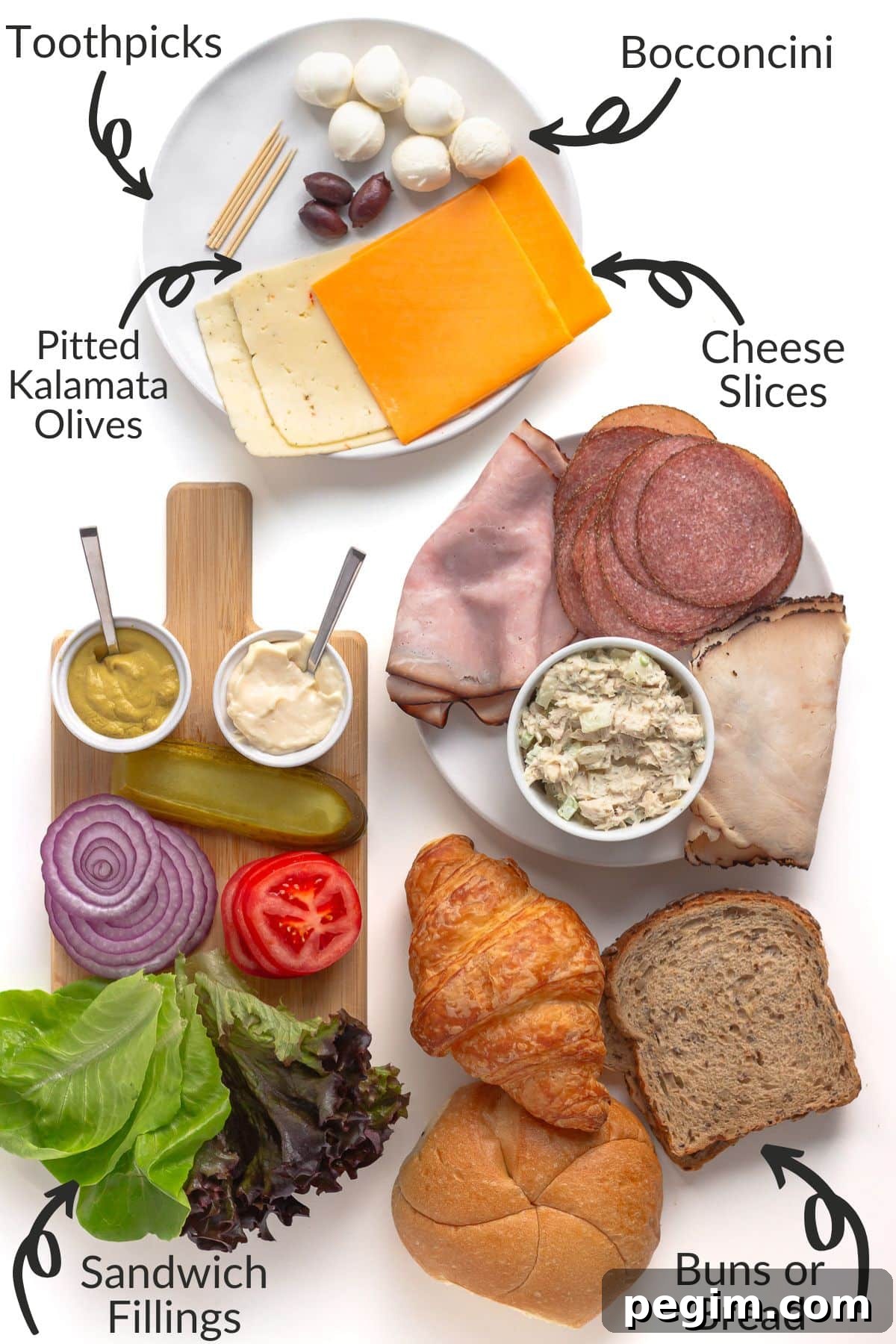 Labelled photo of ingredients to make easy Halloween sandwiches.