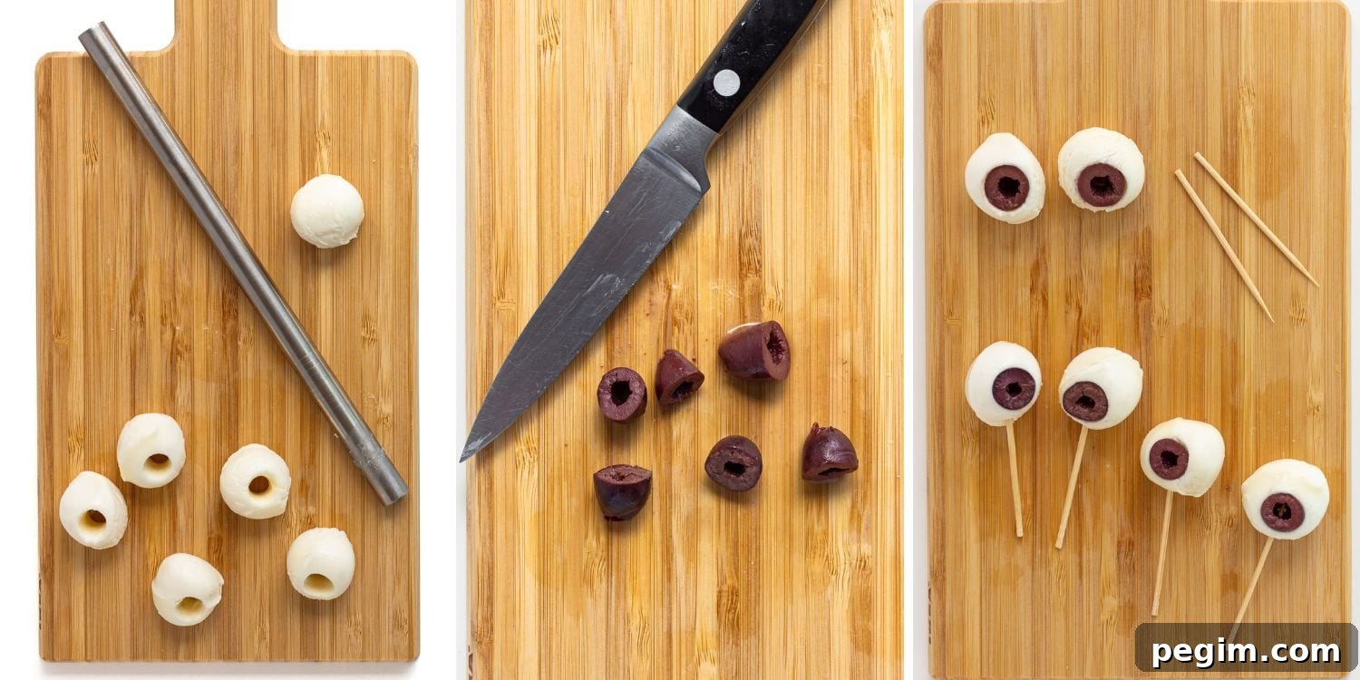 Photo collage showing how to make eyeballs for Halloween sandwiches out of bocconcini and olives.