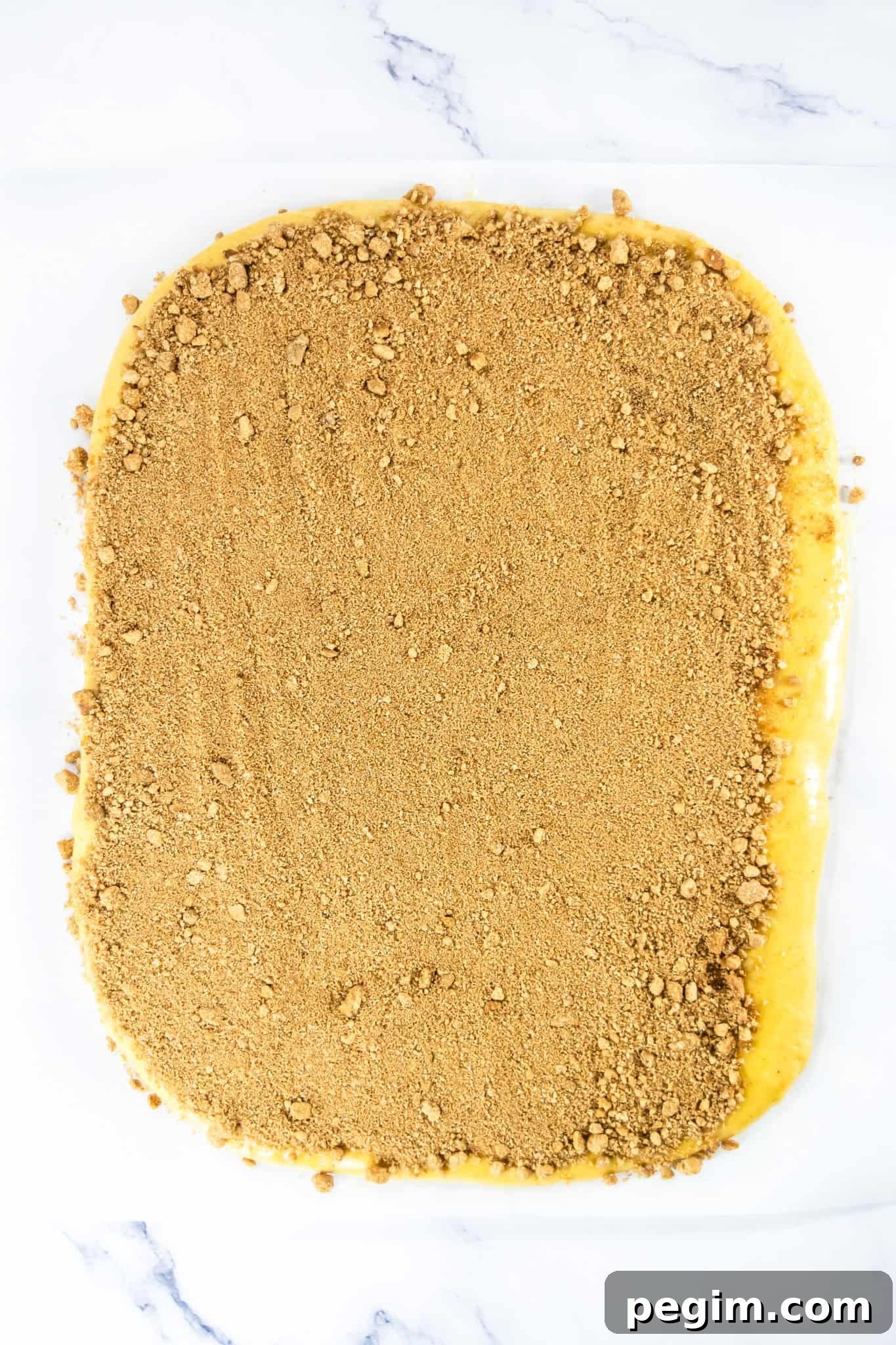 Rectangular rolled dough topped evenly with a layer of brown sugar and cinnamon on a marble surface, perfect for making pumpkin cinnamon rolls.