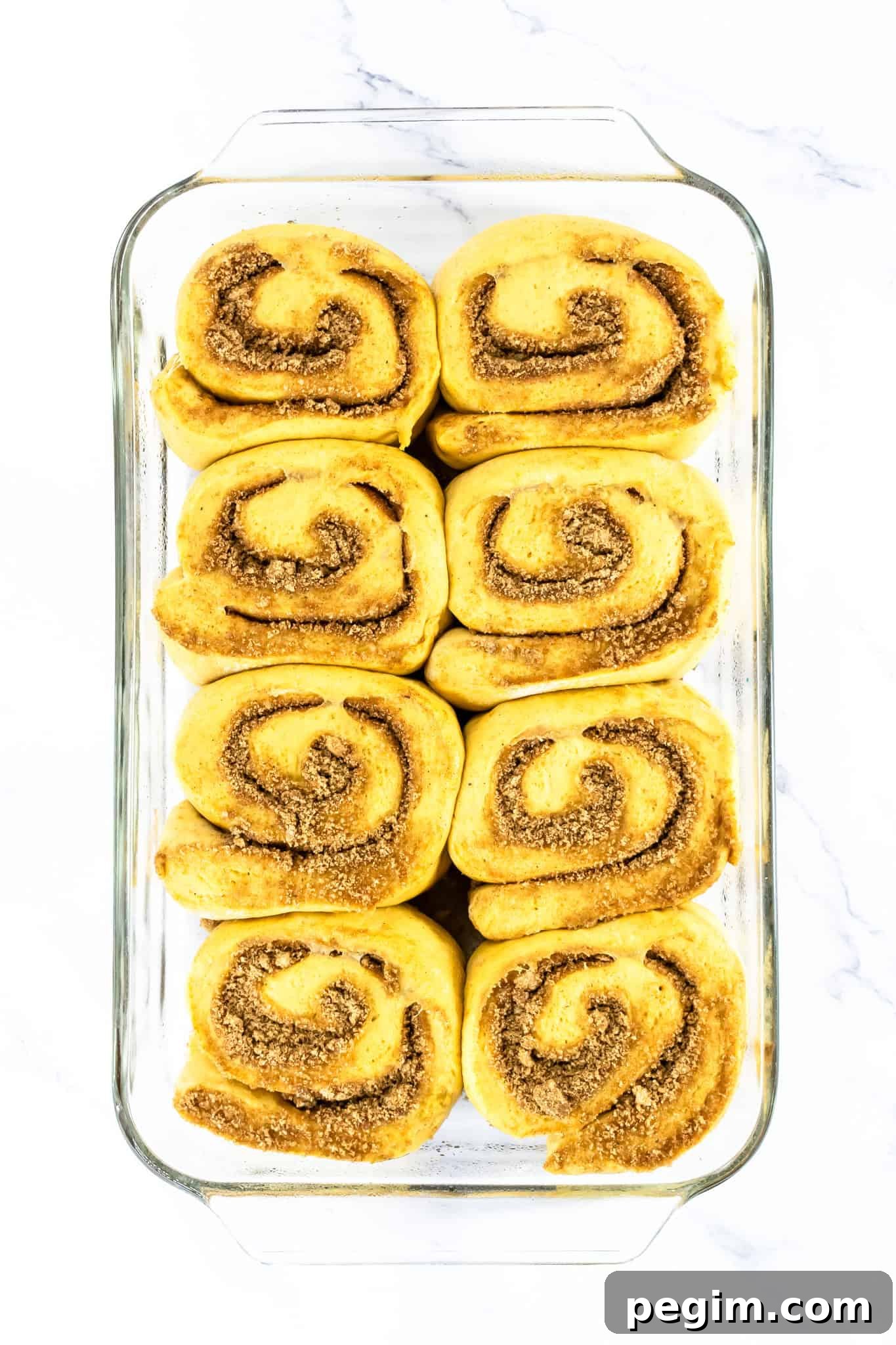 Eight unbaked Pumpkin Cinnamon Rolls arranged in a glass baking dish on a white background.