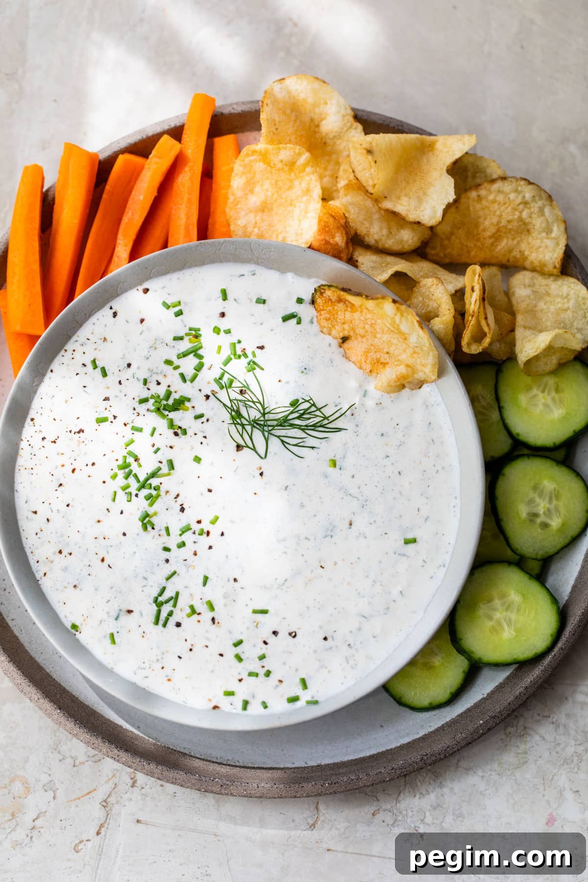 a bowl of dip on a plate with carrots, potato chips and cucumber