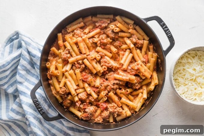 Pasta and sauce in a large skillet.