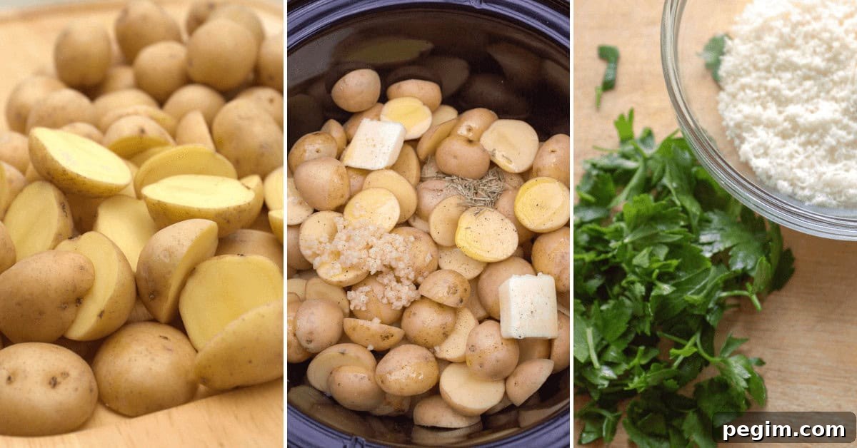 Three images of Crock Pot Red Potatoes: sliced potatoes, red potatoes with butter and herbs in a slow cooker, and grated cheese with parsley in a bowl.