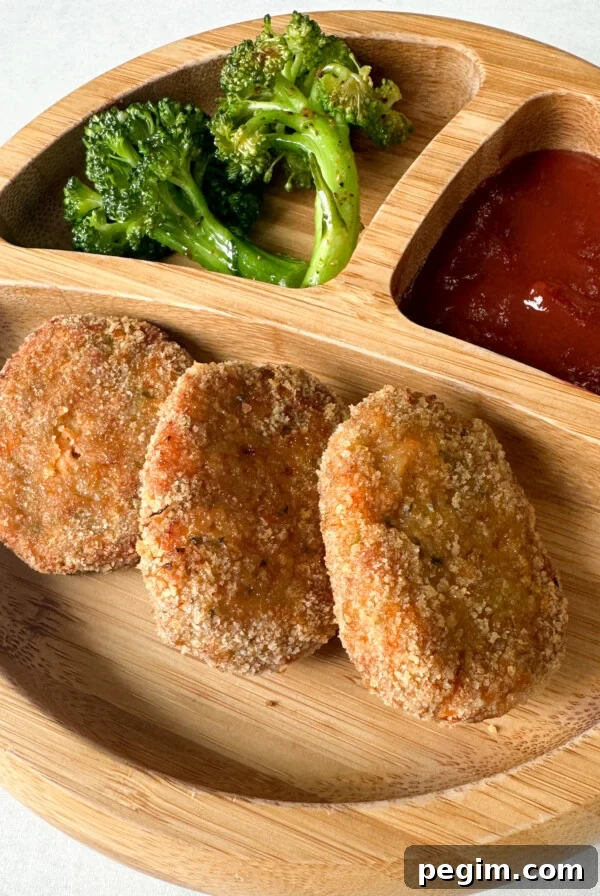 Veggie chicken nuggets served with broccoli and ketchup.