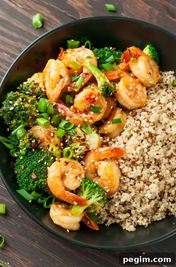Spicy Shrimp and Broccoli served over cooked quinoa