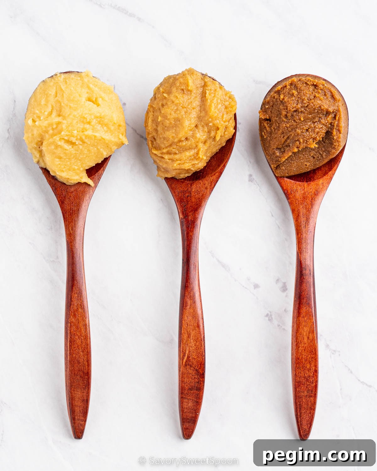 3 spoons of white, yellow, and red miso.