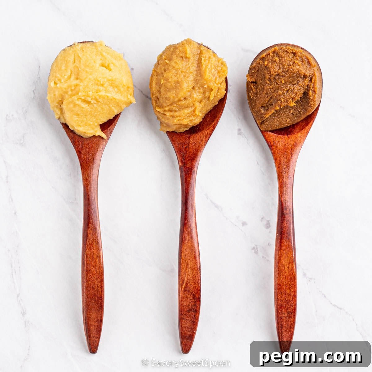3 spoons of white, yellow, and red miso.