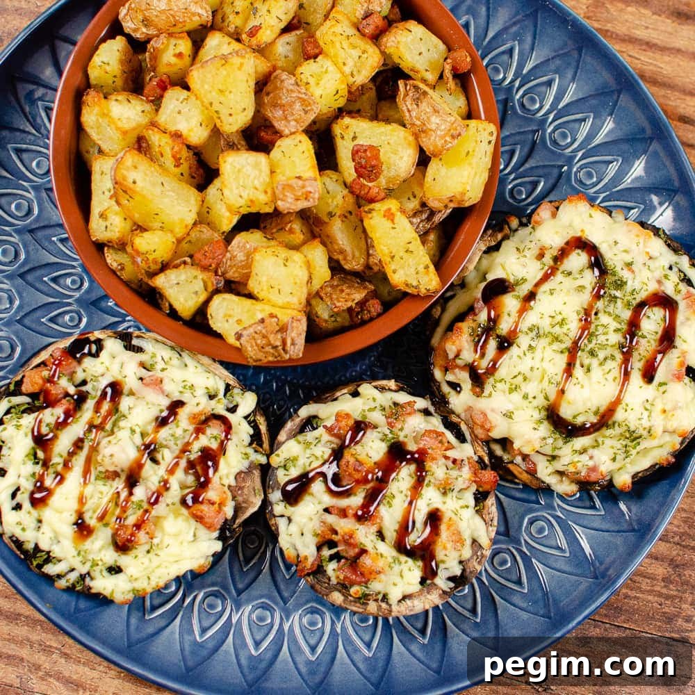 Pancetta mushrooms with mozzarella with drizzled balsamic glaze on top served with potato squares on a blue plate
