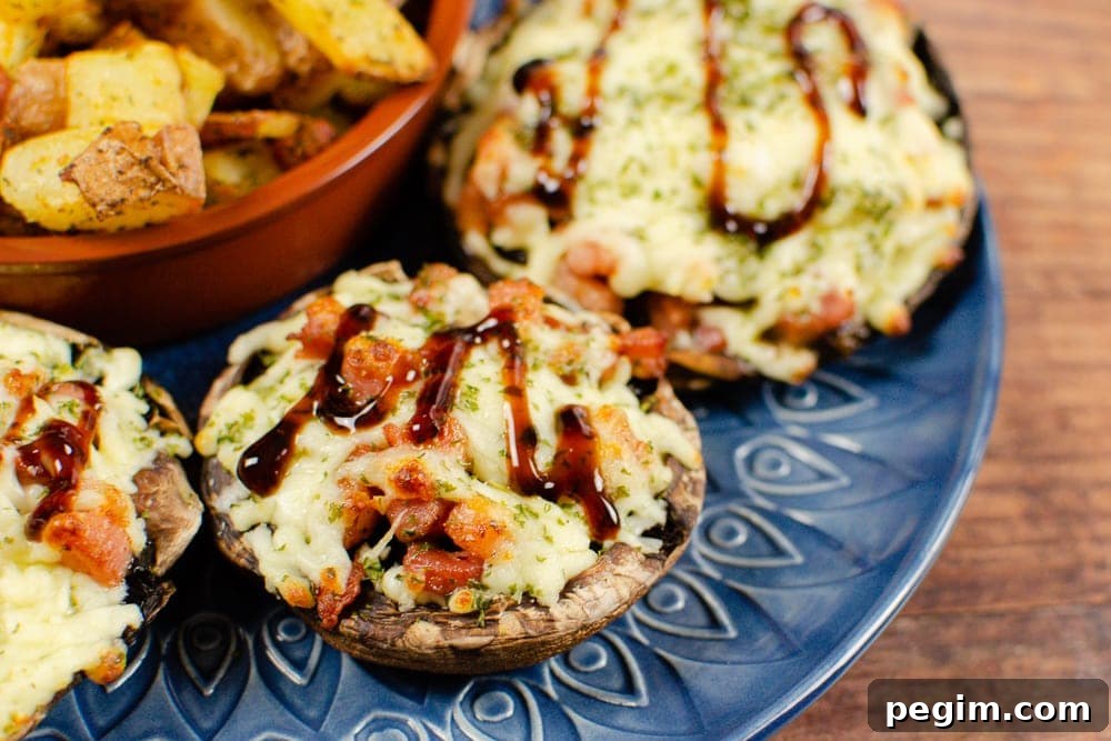 pancetta mushrooms with mozzarella drizzled with balsamic glaze on a blue plate with cube potatoes and pancetta 