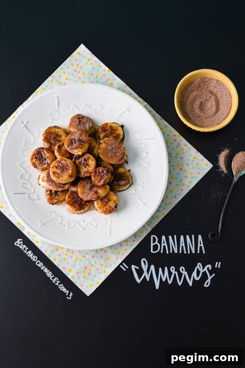 Banana Churros on white plate with title written on chalkboard