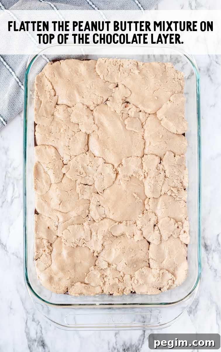 peanut butter mixture spread over the chocolate