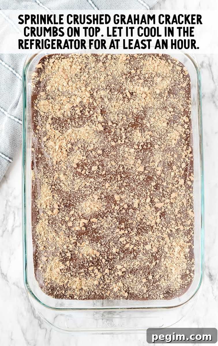 crushed graham crackers sprinkled on top of the chocolate in a baking dish