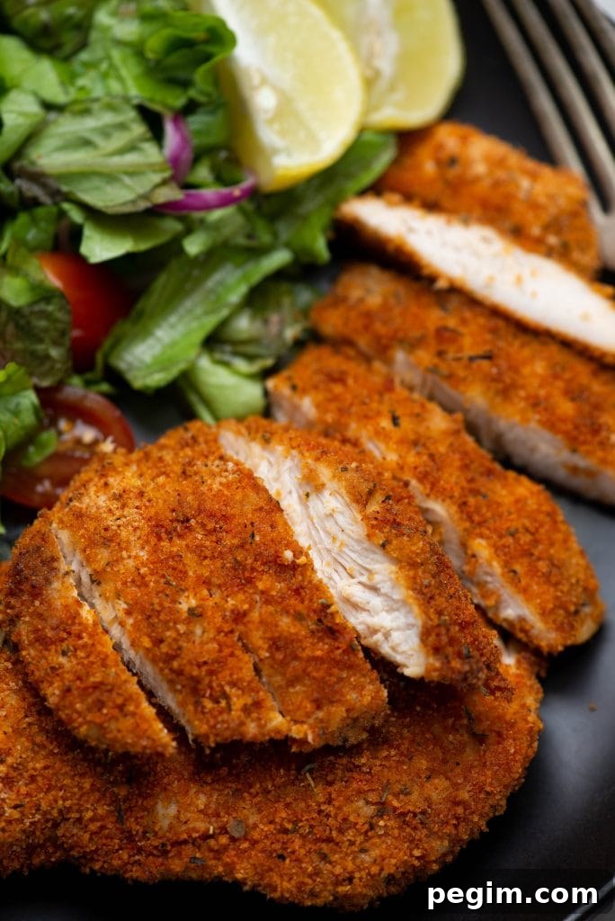 Slices of crispy Crusty chicken breast fried in Air Fryer