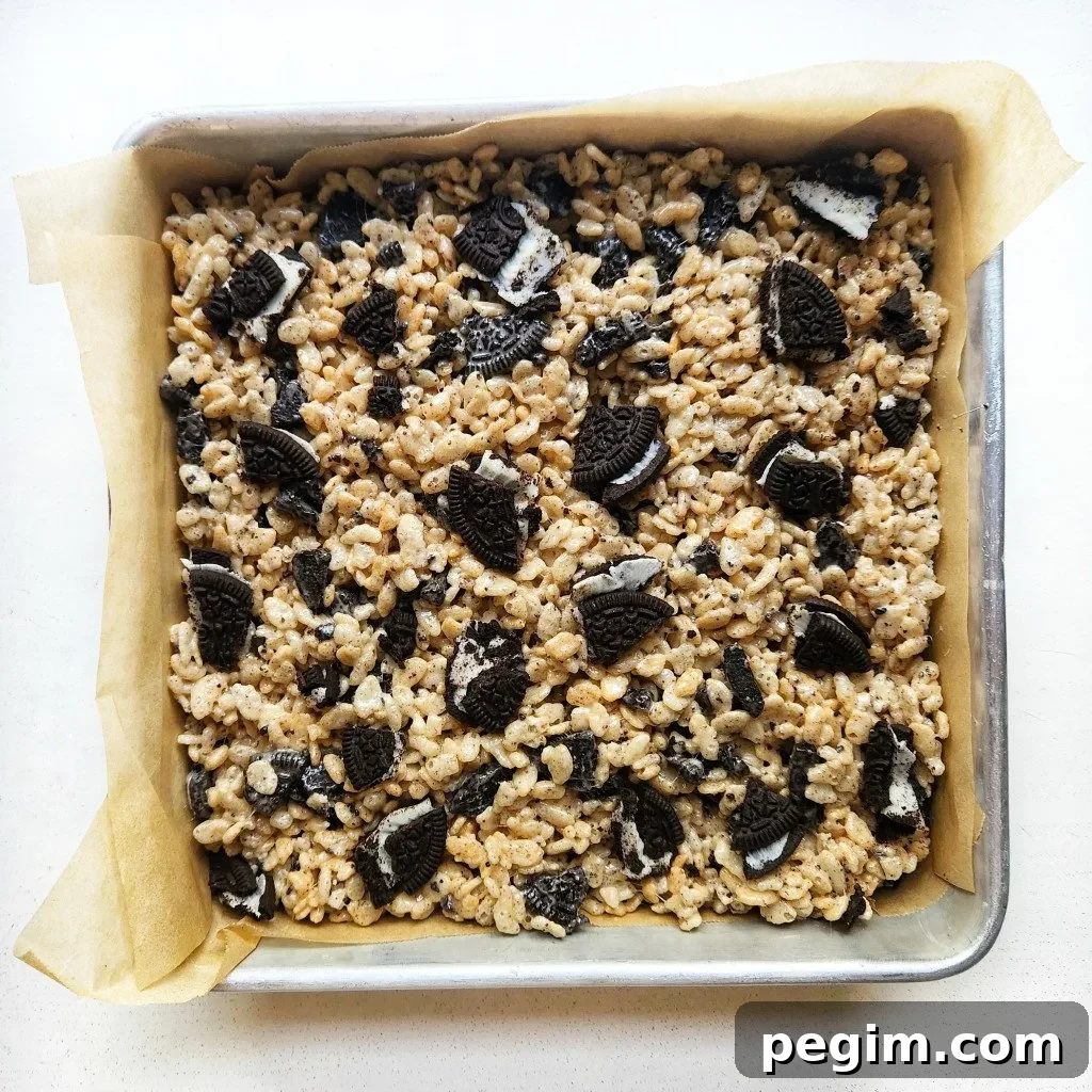 completed oreo rice krispie treats ready to cool