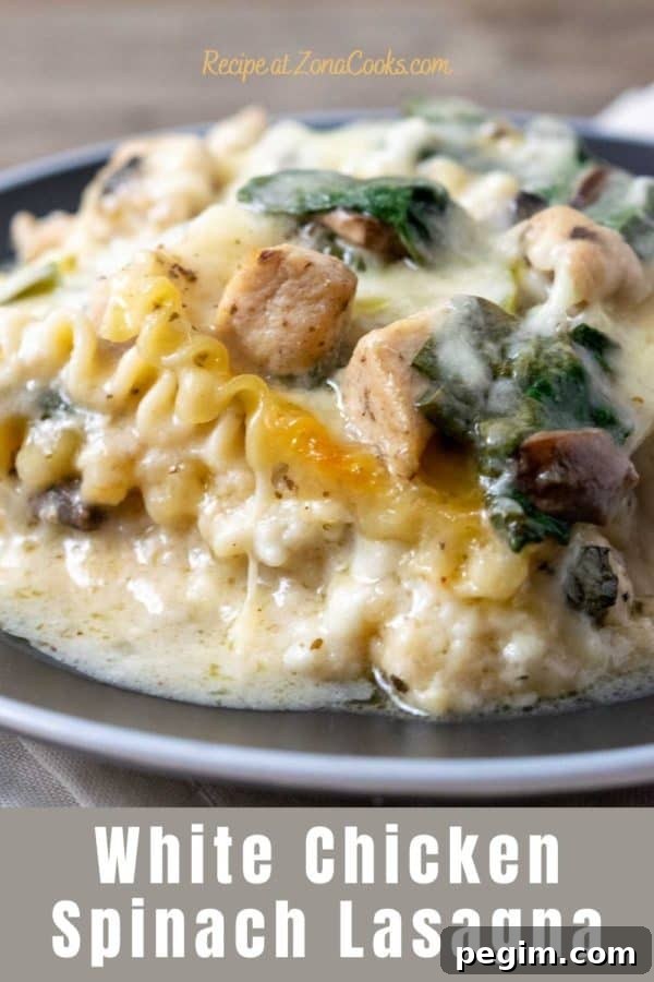 a plate with a large square of lasagna filled with lasagna noodles, spinach, chicken, and mushrooms in a white creamy sauce and text reading recipe at zonacooks.com white chicken spinach lasagna