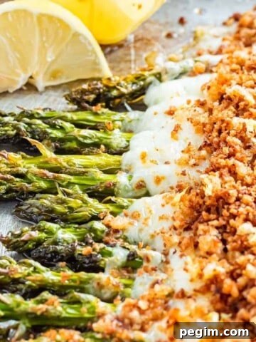 Cheesy baked asparagus on metal pan with lemon wedges.