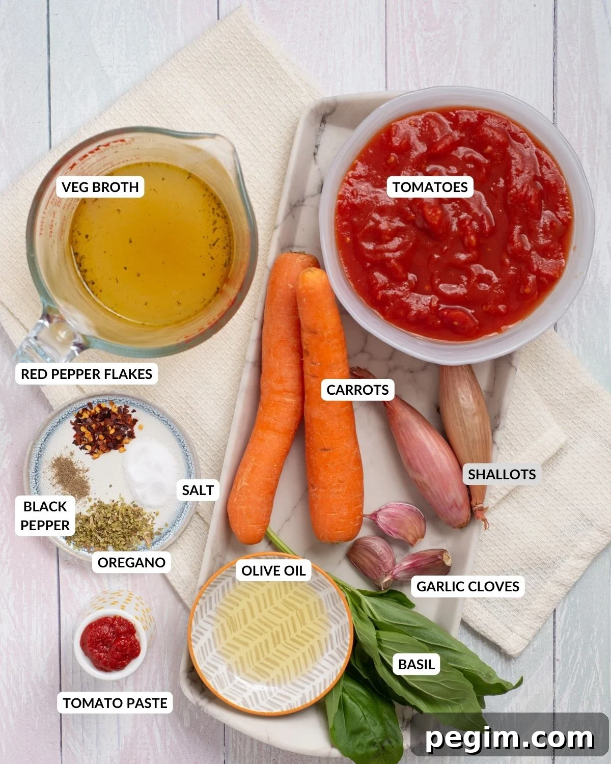 Labeled ingredient list for instant pot tomato soup - check recipe card for details!