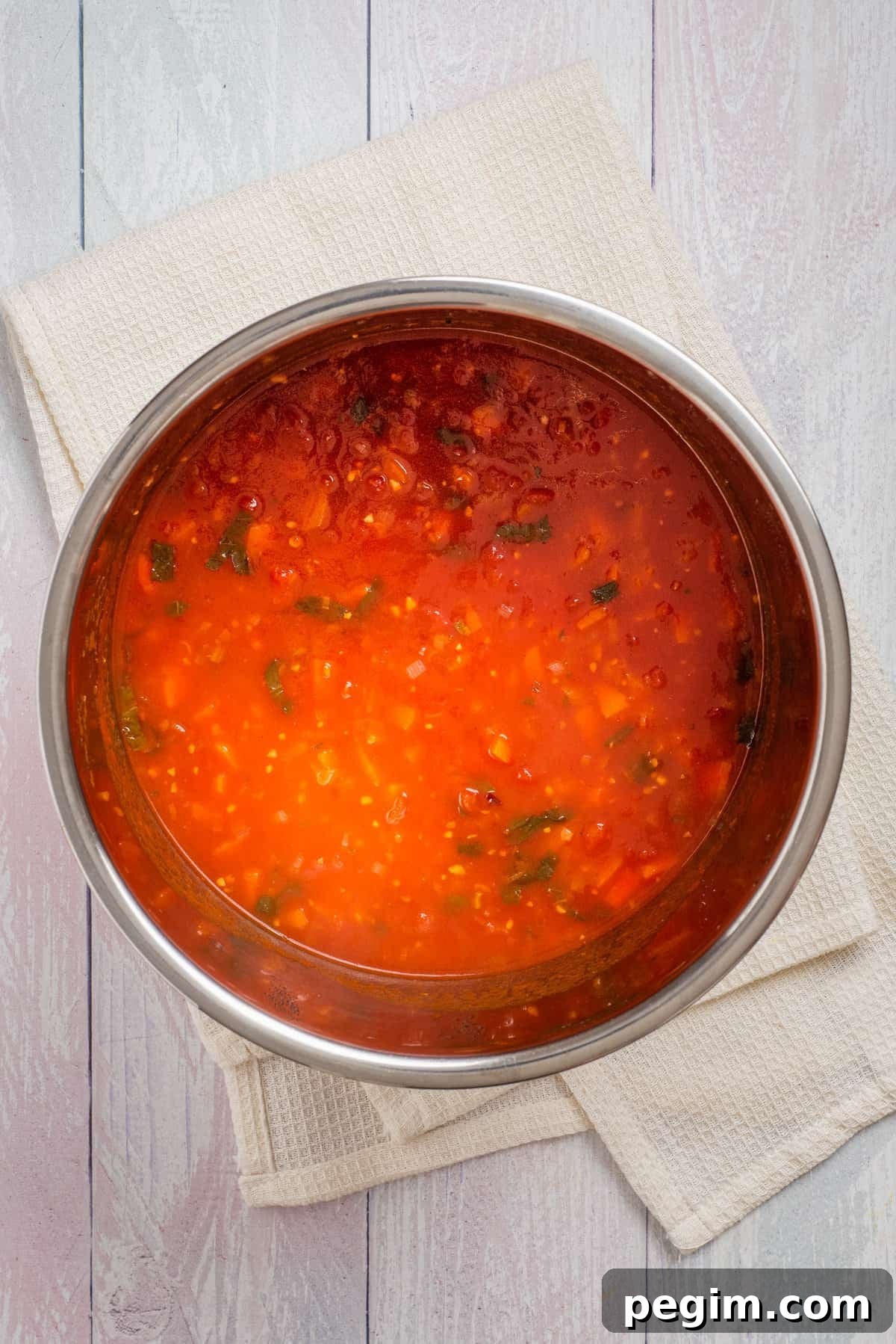 Overhead view of cooked Instant Pot tomato soup.