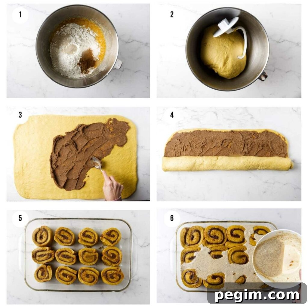 Six photos showing how to make pumpkin spice cinnamon rolls recipe baked in cream.