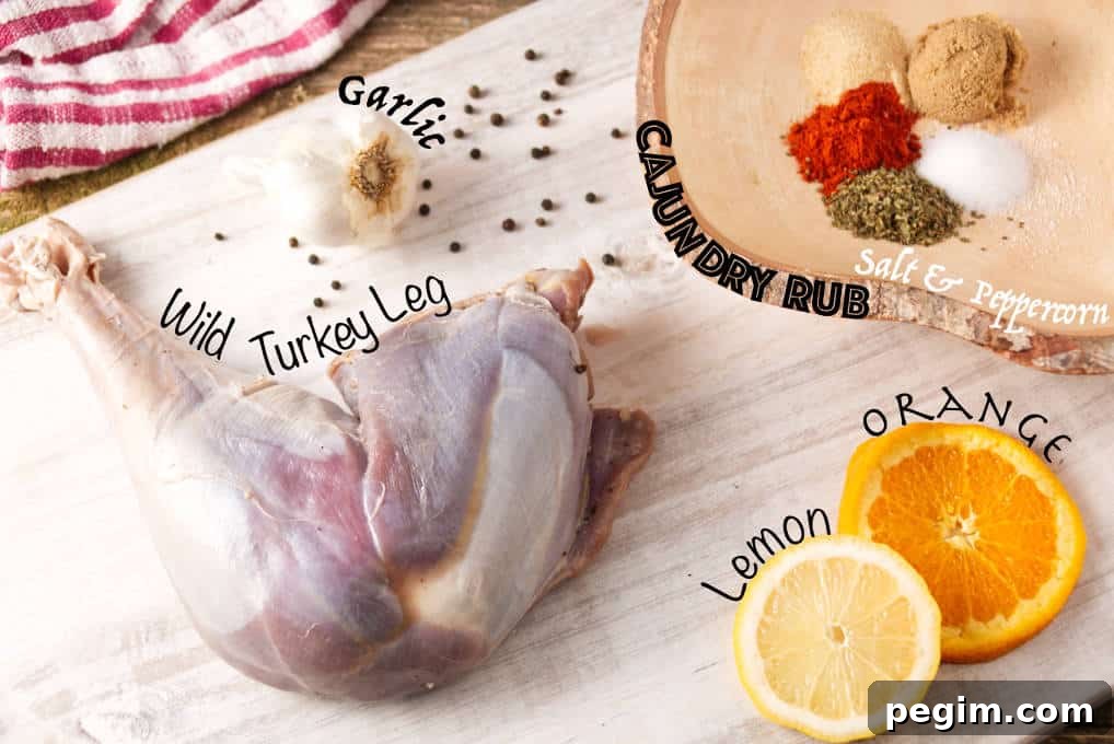 Ingredients for smoked wild turkey legs: cajun dry rub seasoning, salt, peppercorn, wild turkey leg, orange, lemon, garlic
