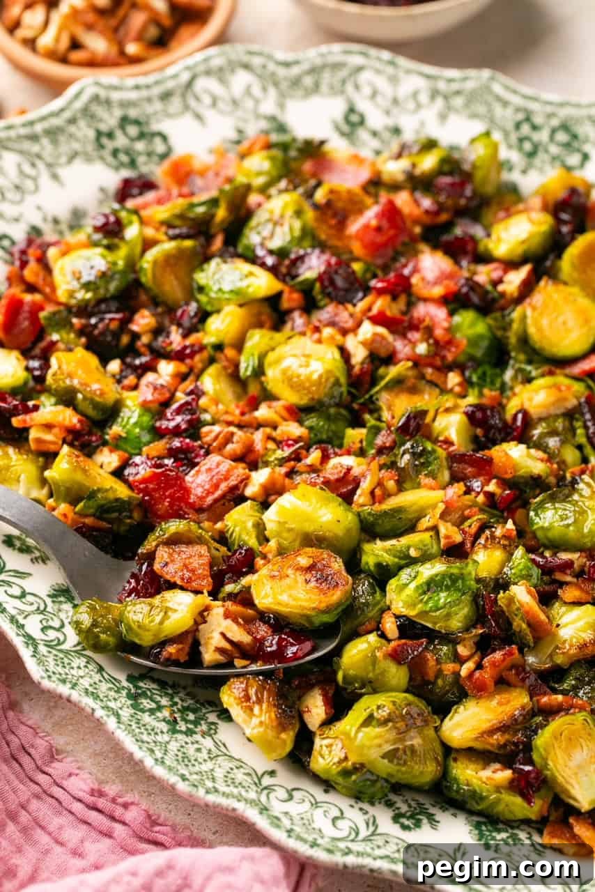 brussels sprouts with bacon and pecans on a serving dish