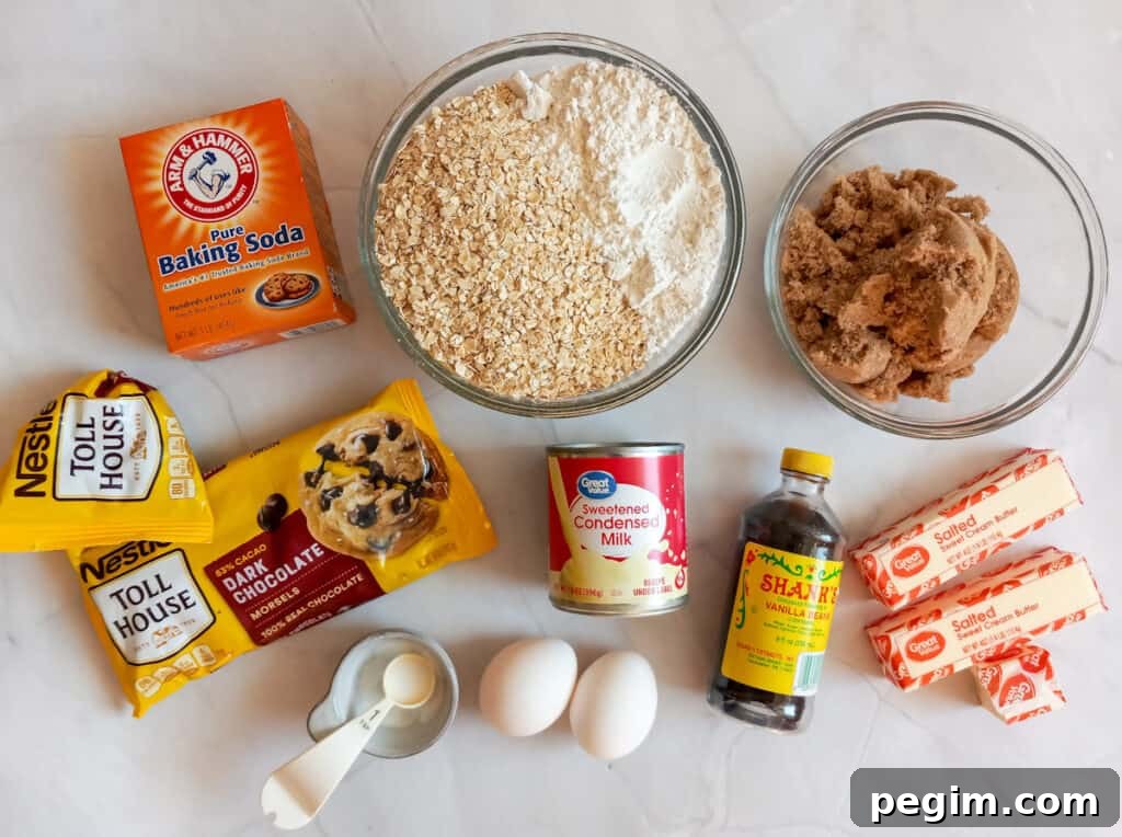 Ingredients: oats, flour, salt, baking soda, brown sugar, butter, vanilla, eggs, sweetened condensed milk, and chocolate chips.
