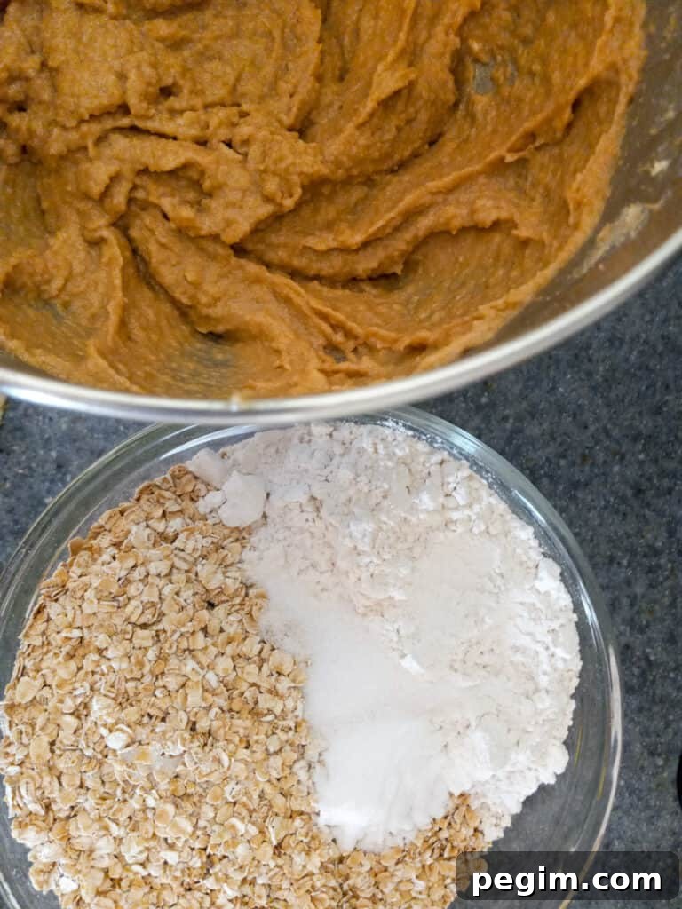 mixing the wet ingredients in a large bowl, and the dry ingredients in another bowl.