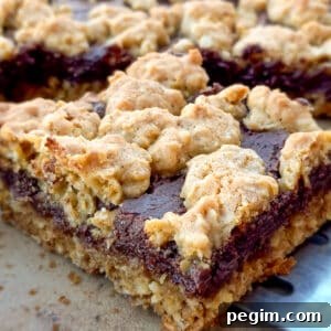 A sheet pan with oat cookie bars, featuring a cut bar in a cookie scoop.