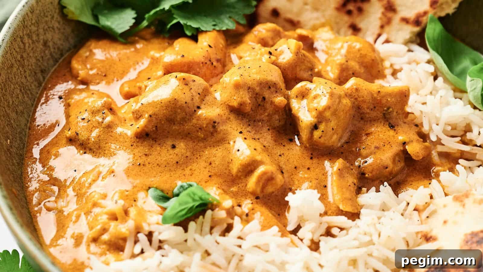 A bowl of creamy curry with chicken pieces served over white rice, garnished with cilantro, and accompanied by flatbread.