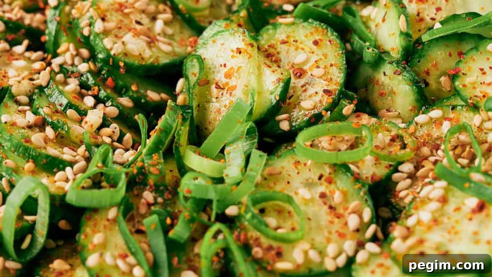 Slices of cucumber tossed in spicy Korean dressing.