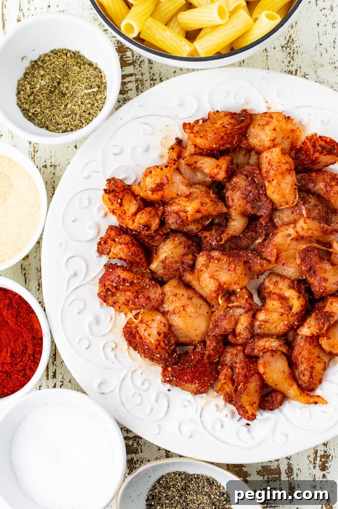 A white plate with spiced rubbed raw chicken tender cubes.
