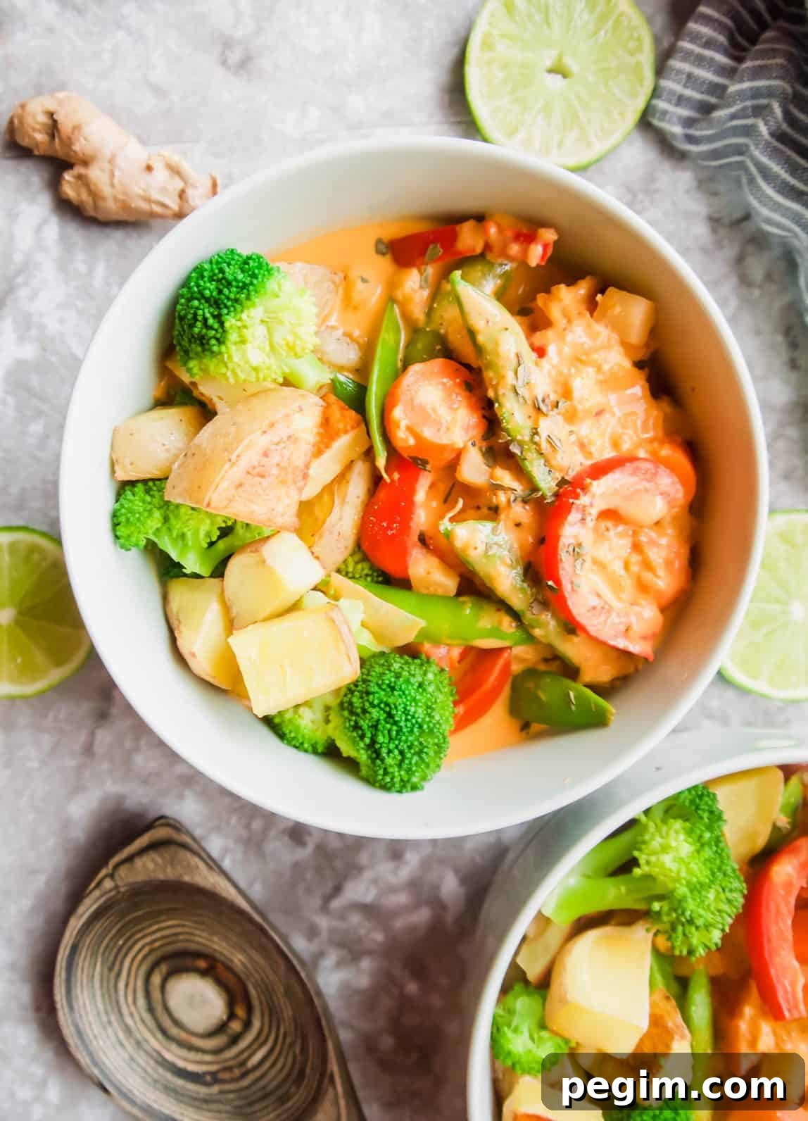 Thai vegetable red curry recipe in a large bowl.