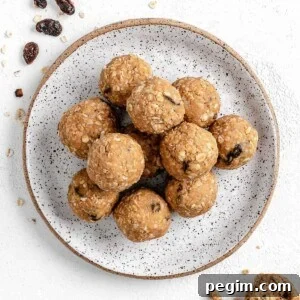 completed Oatmeal Raisin Protein Balls on a plate against a white background
