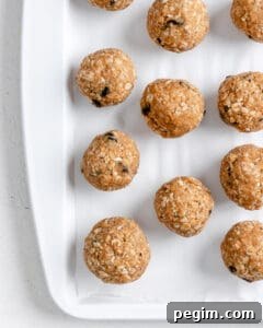 Oatmeal Raisin Protein Balls into balls on a white tray surface