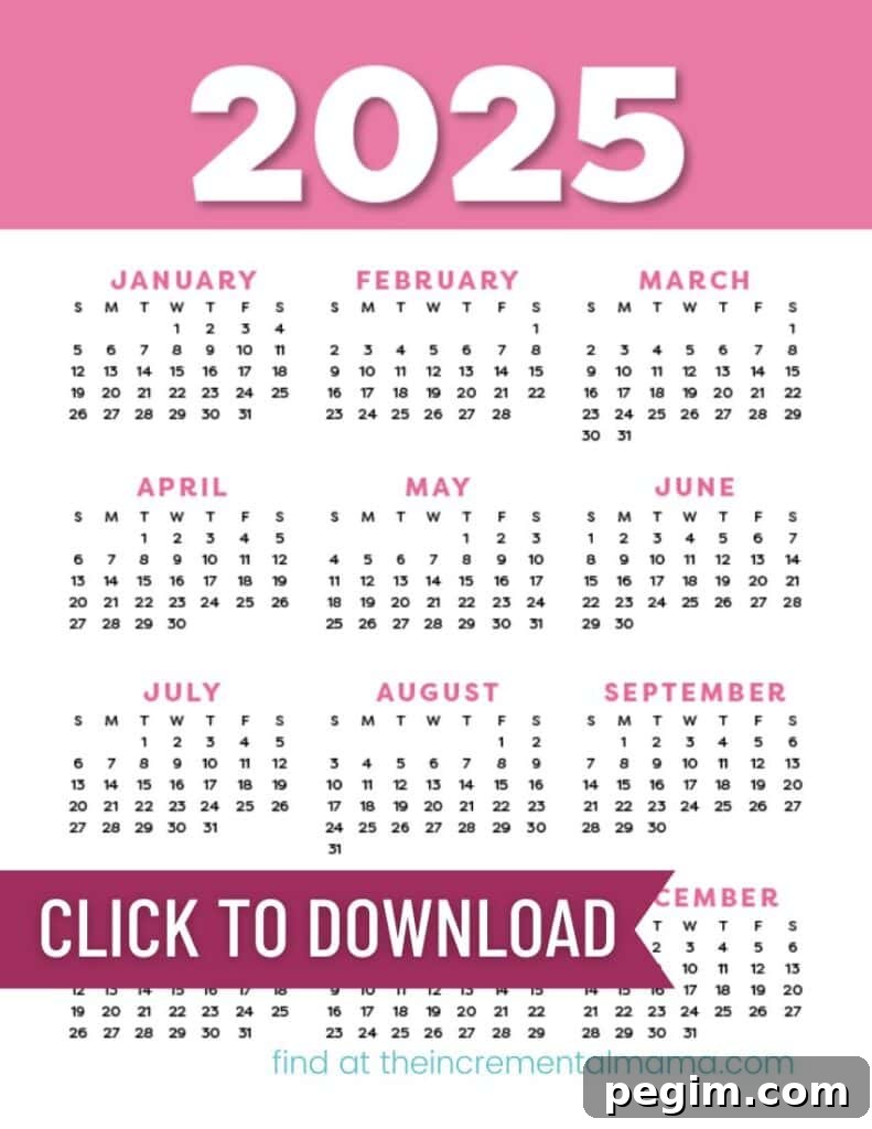 Free Printable One-Page Yearly Calendars 2025–2027 17 pink calendar