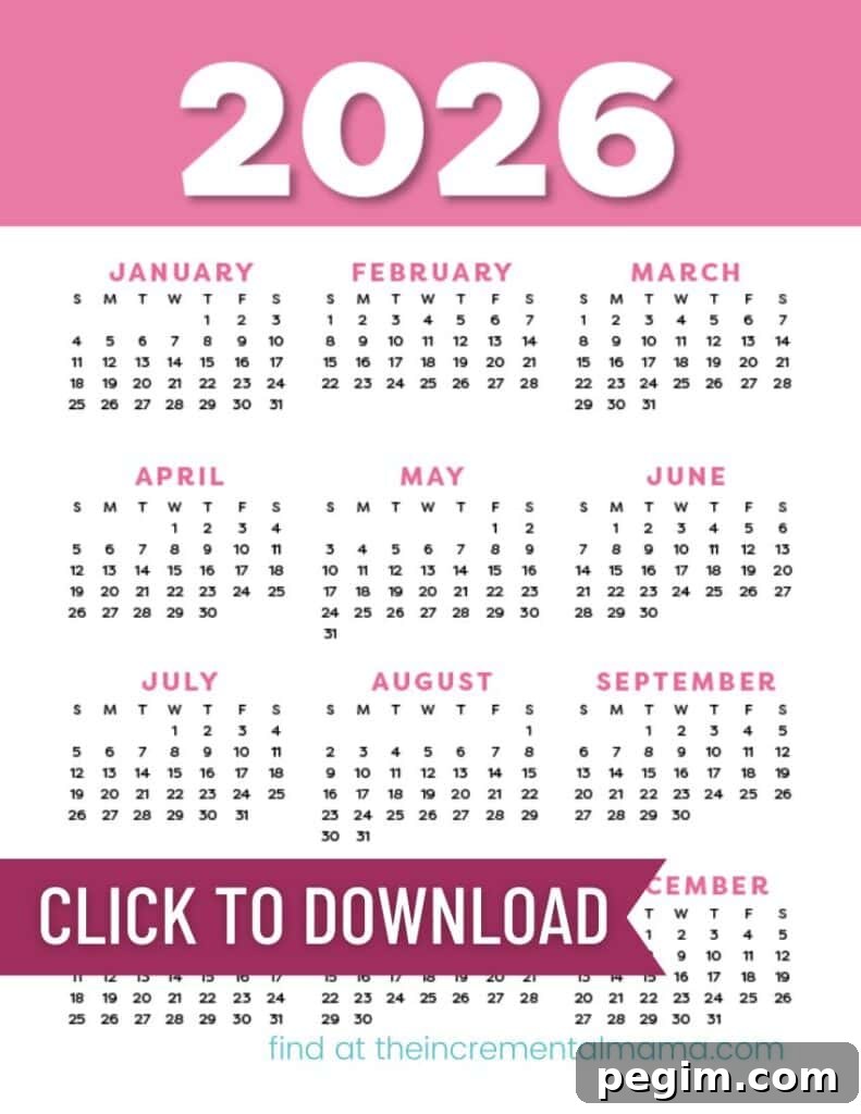 Free Printable One-Page Yearly Calendars 2025–2027 18 pink calendar PDF