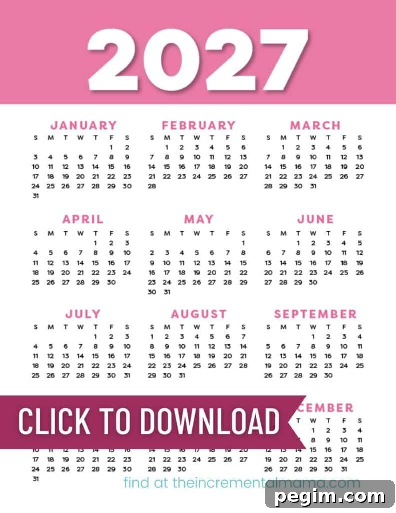 Free Printable One-Page Yearly Calendars 2025–2027 19 free pink calendar 2027