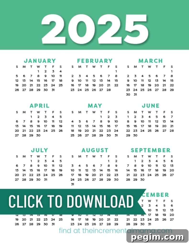 Free Printable One-Page Yearly Calendars 2025–2027 20 green 2025 calendar PDF