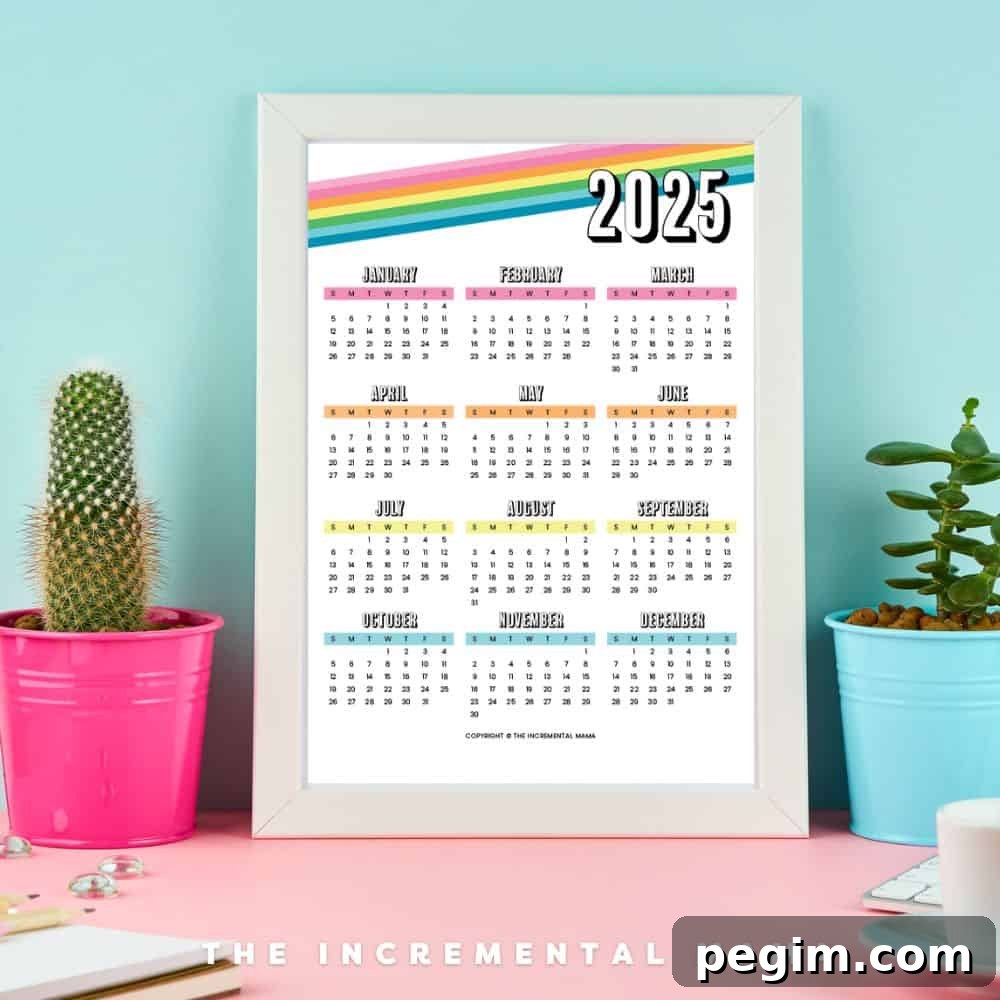Free Printable One-Page Yearly Calendars 2025–2027 3 free rainbow calendar pdf