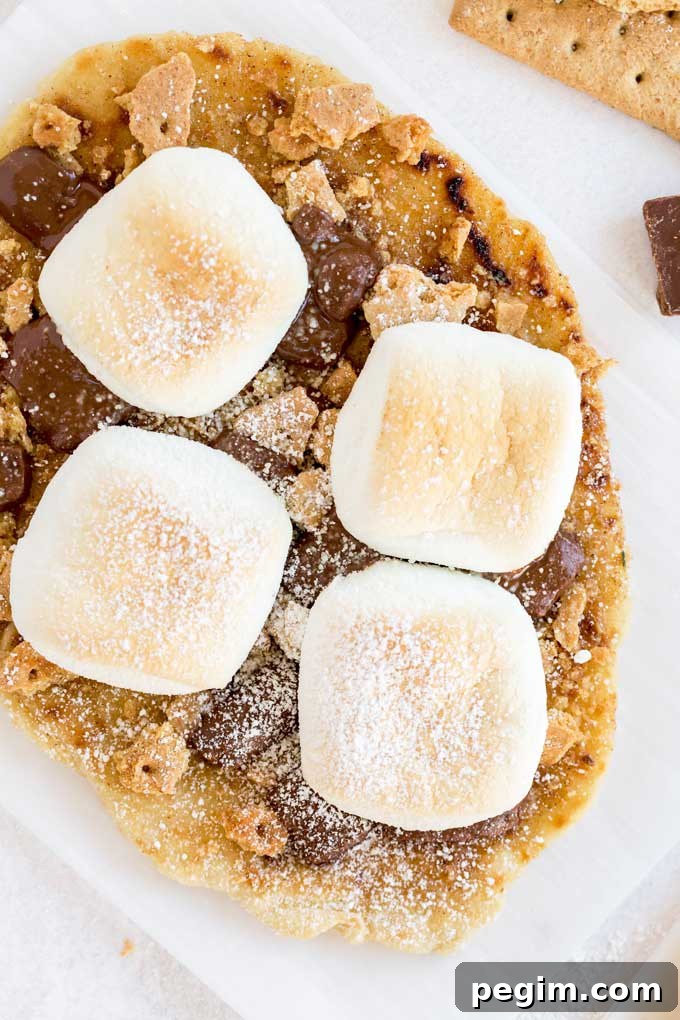 Top view of a freshly baked flatbread s'more.