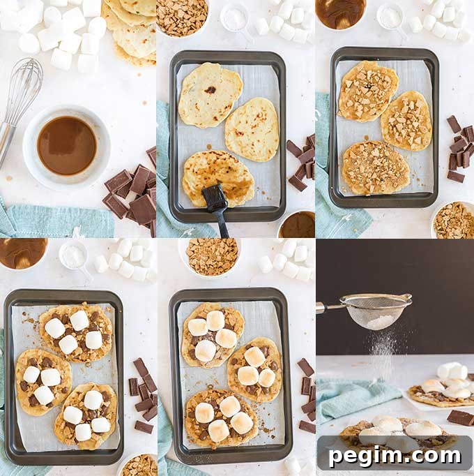 A collage of step by step photos showing how to make flatbread s'mores.