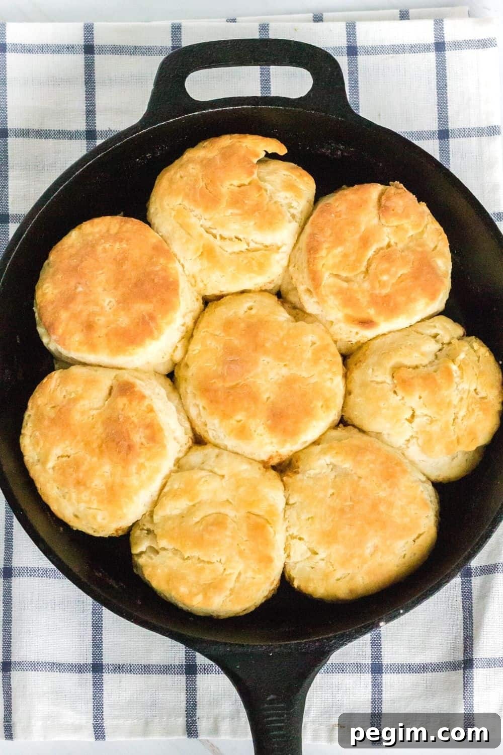 southern style homemade biscuits in a cast iron pan on top of a blue and white checkered kitchen towel