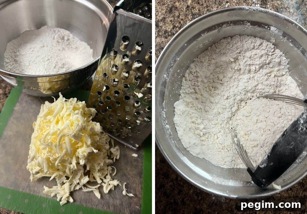 grated butter next to a bowl of self-rising flour